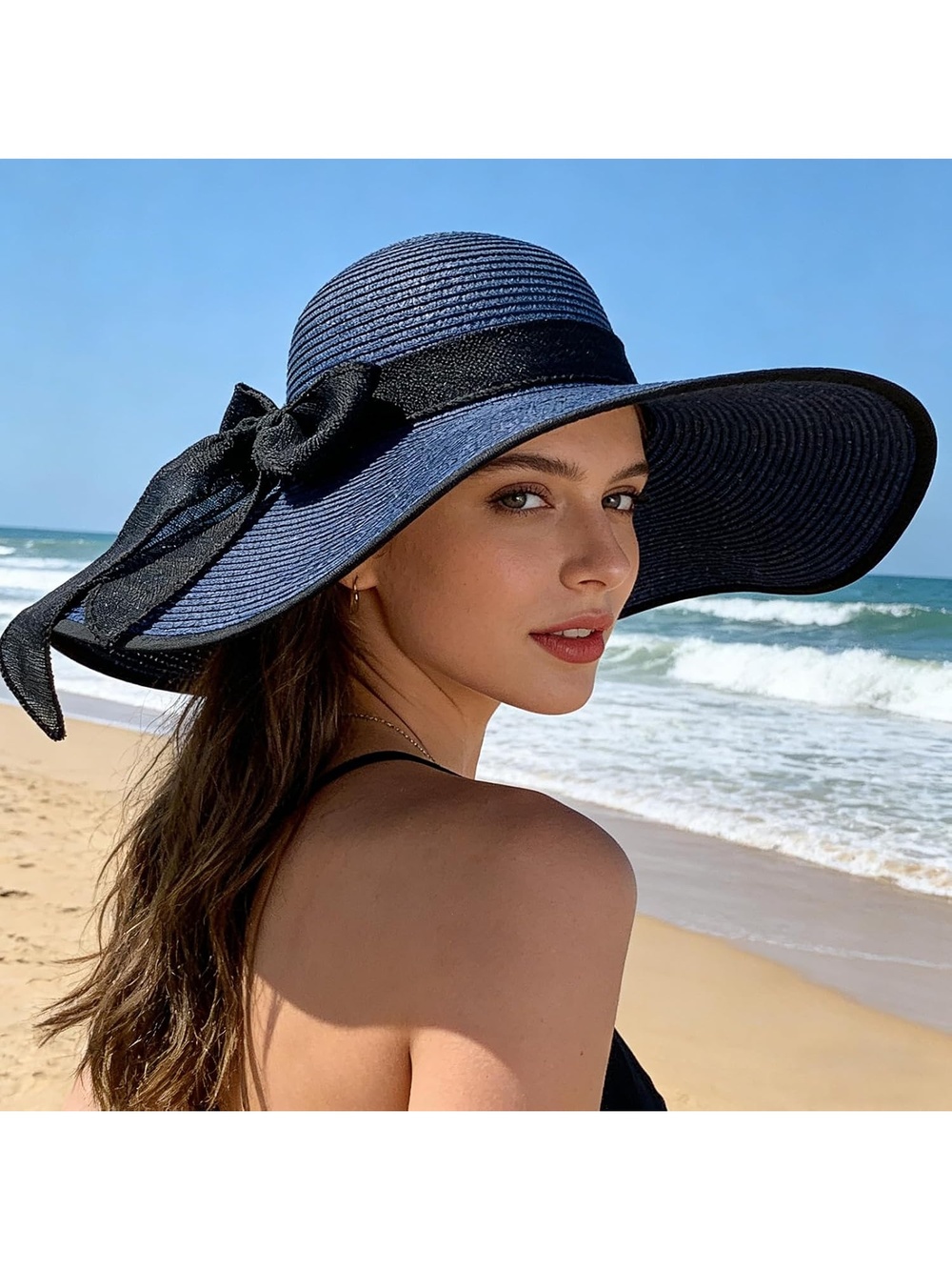 Women's Navy Blue Wide Brim Foldable Floppy Straw With Ribbon Bow Summer Sun Hat - Picture 4 of 5